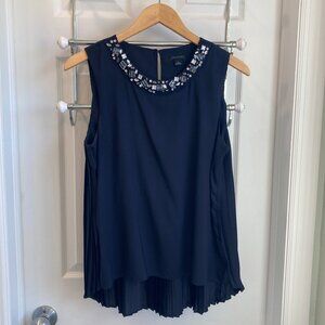Ann Taylor | Navy Sleeveless Jewel Embellished Pleated Back Blouse | Size Small